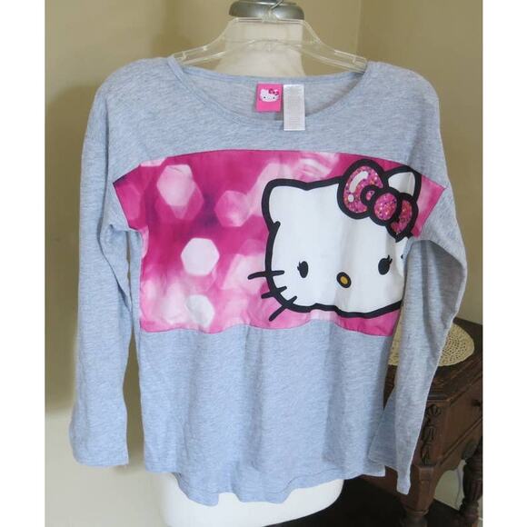SANRIO HELLO KITTY Long Sleeve Top Size L Girls High Low Gray/Pink Fall School - Picture 1 of 3